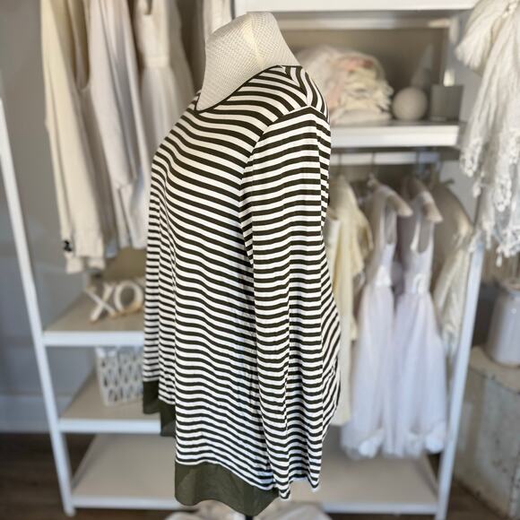 Chico's Women's Size L Olive Green & White Striped Long Sleeve Blouse #3502 - Picture 3 of 8